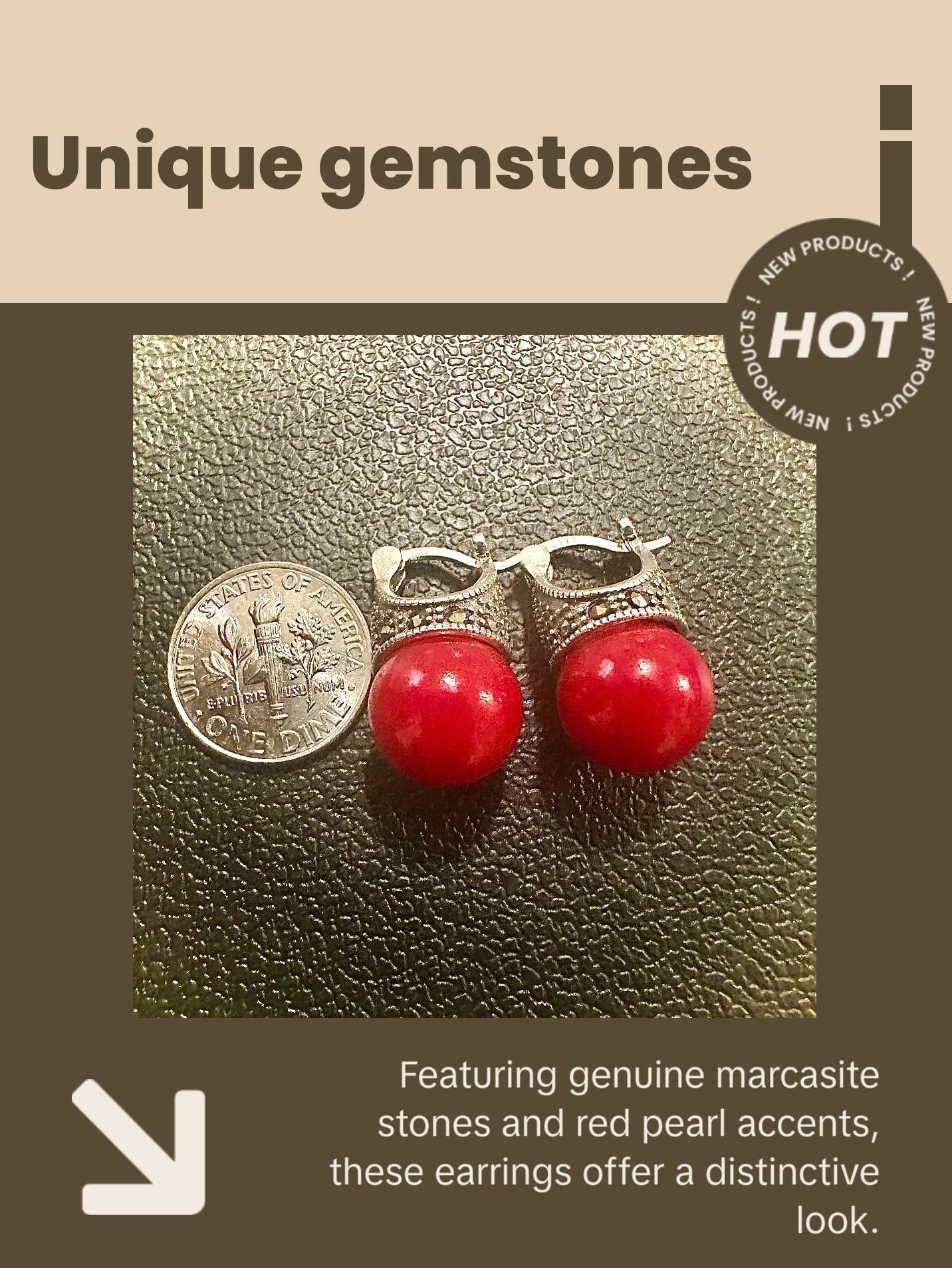 Marcasite Red Pearl Studs 925 Sterling Silver Birthstone Earrings