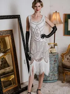 White 1920s Fringed Flapper Dress goddess Boho Ruffle Hem Boho Ruched Cut Casual Chic Sleeveless