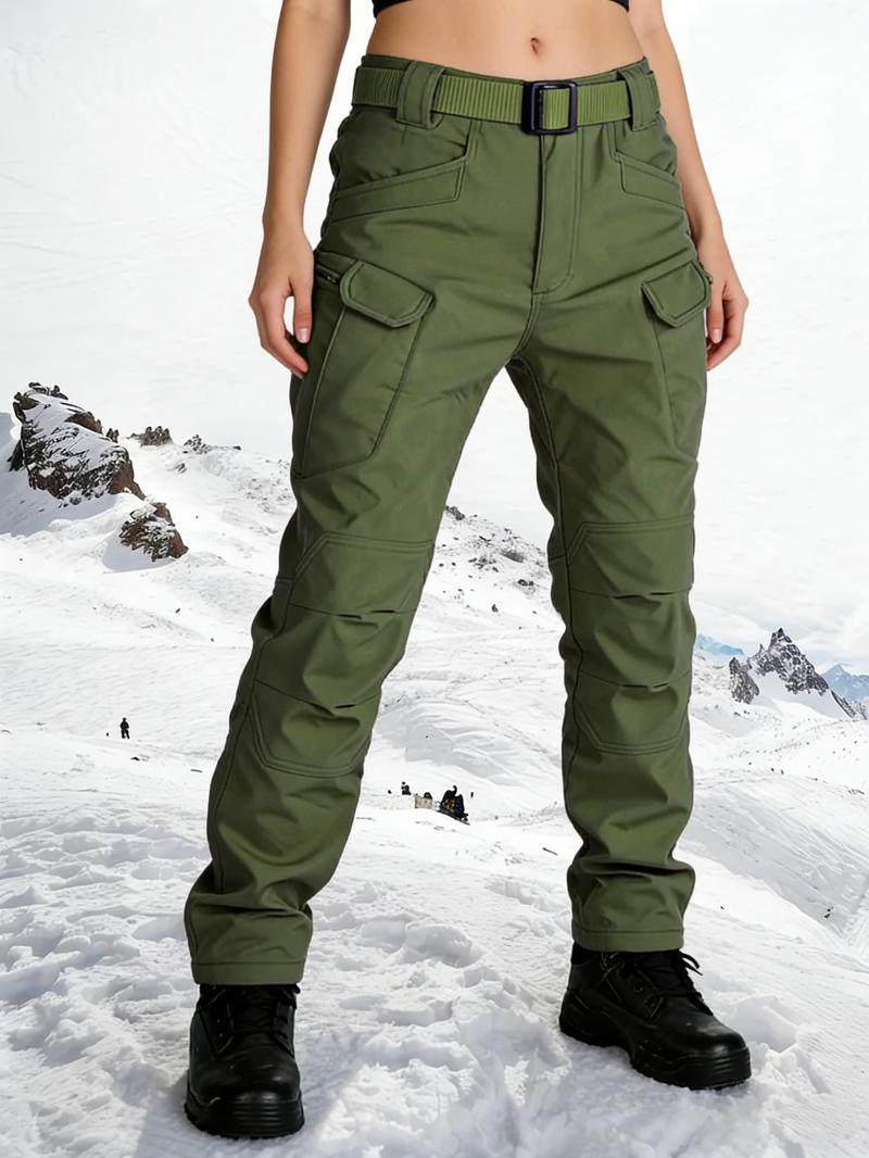 HOMUG Women's Windproof & Thermal Outdoor Tactical Pants - Fleece Lined, Solid Color, Mid Waist, 320g Knitted Fabric (Beltless, Multi-pocket, Regular Fit) | Autumn Winter Casual Sports Pants