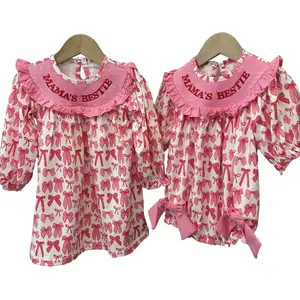 Festival Cute Smocked Mama's Bestie Pink Bow Printed for Kids Girls Dress