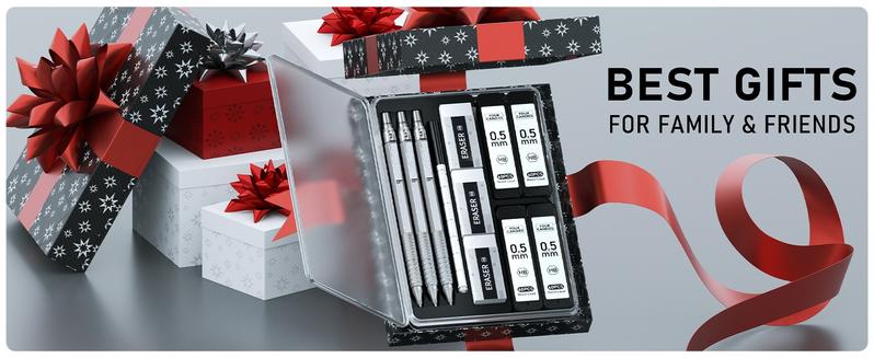 Four Candies 0.5mm/0.7mm/0.9mm Mechanical Pencil Set with Case, 3PCS Metal Artist Lead Pencil with 8 Tubes (480PCS) HB Lead Refills, 3 Erasers, 9 Eraser Refills For Engineer Art Writing Drafting, Silver