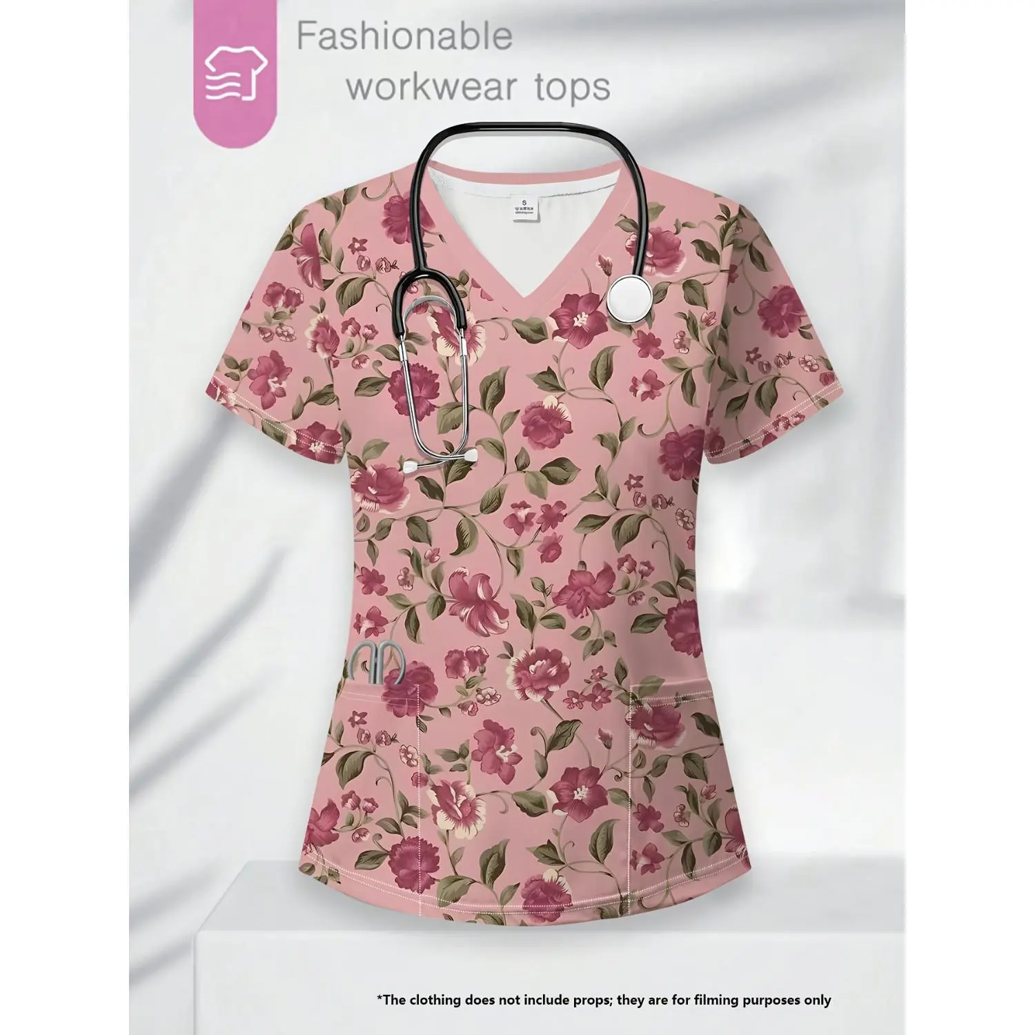 Charming Pink Floral V-neck Workwear Top with Patch Pockets - Women's Short-sleeve Nurse Uniform T-shirt