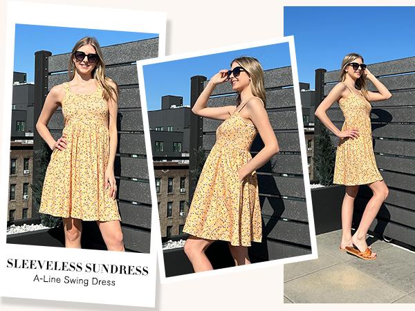 Women's Summer Dress Floral Square Neck Sleeveless Casual Dress with Pockets A-line Swing Mini Dresses Sundress