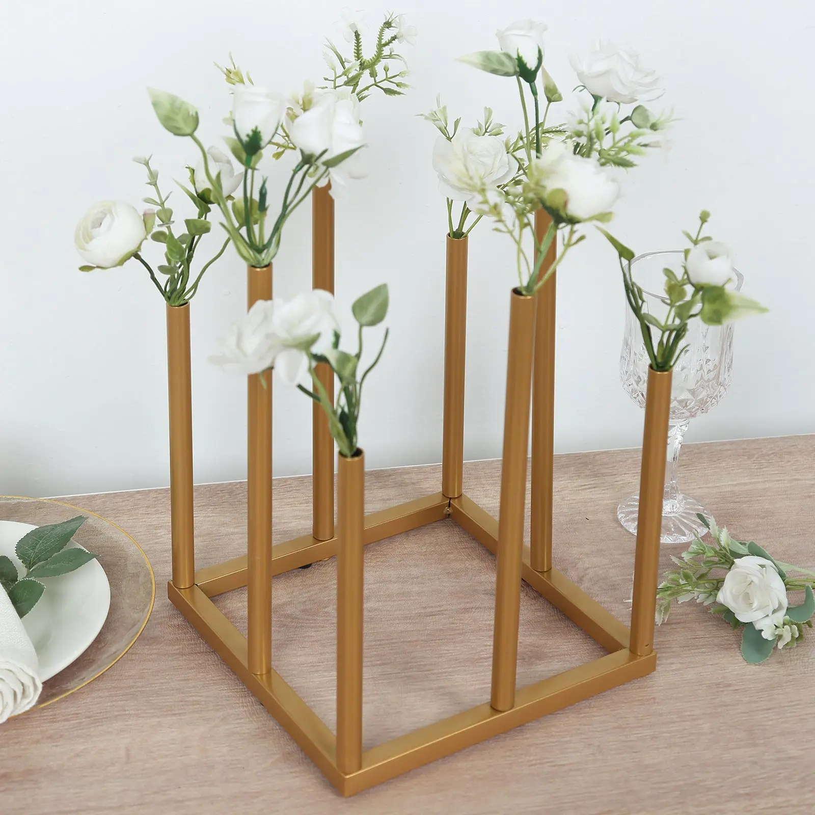Gold Metal Flower Vase Centerpiece 10" 8-Tubes Minimalist Square Base Design - Single Stem Bud Vase for Floral Arrangements