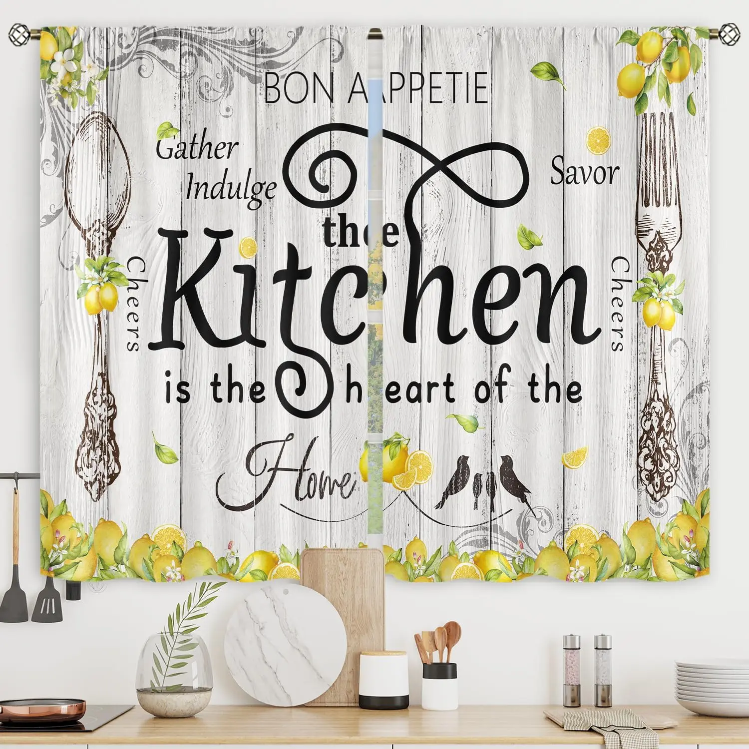 2-Panel Rustic Farmhouse Yellow Vintage Floral Cafe Curtains (27.5Wx39H in) - Lemon Fruit, Wooden Barn, Plant Fork & Spoon Botanical Rod-Pocket Fabric, Silky Smooth Drape, Curtain for Windows, Cottagecore Aesthetic, Letters, for Kitchen Use, Do Not Bleach