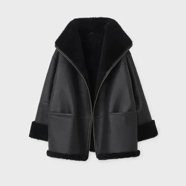 Women's Black Oversized Sheepskin Leather Jacket w/ Shearling Lining