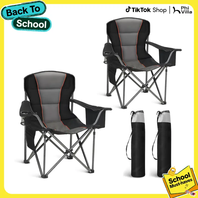 PHIVILLA Oversized Camping Folding Chair, Heavy Duty Support 450 LBS Steel Frame Collapsible Padded Arm Chair with Cup Holder Quad Lumbar Back, Portable for Outdoor, TikTokShopBlackFriday