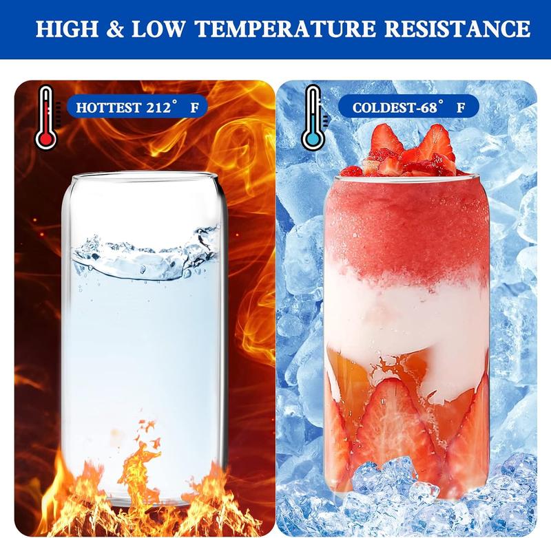 Drinking Glasses with Bamboo Lids and Glass Straws, 4 Set 16oz Iced Coffee Cup, Glass Cups with Lids and Straws, Beer Glasses, Ideal for Water, Cocktail, Whiskey, Soda, Gift