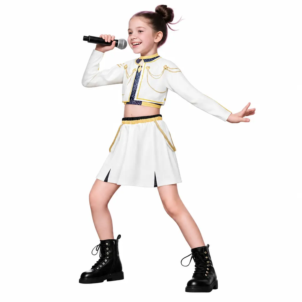 Girls Halloween 3-Piece Cosplay Outfit Set White and Gold Fringe Jacket with Skirt for Dance Parties and Stage Events