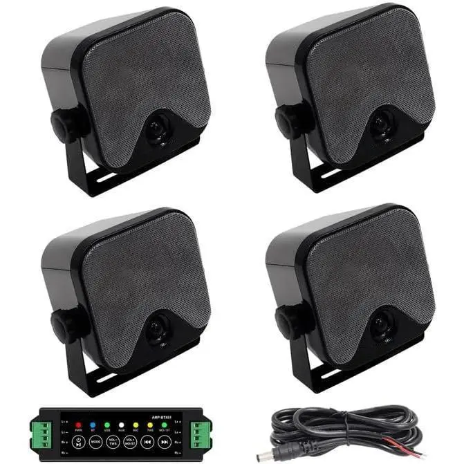 Herdio 4-Inch Outdoor Waterproof Bluetooth Stereo Speakers - Power Cord Included, Mobile Connectivity, Black 1 Pair (2 Units) for Golf Carts, Boats (White 2 Pairs Available), Outdoor Speakers