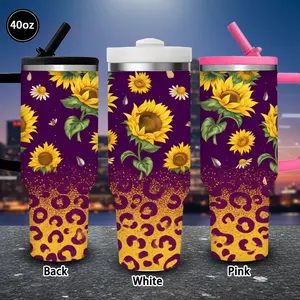 1pc 40oz Vibrant Sunflower Leopard Print Design Tumbler with Lid and straw, Winter Insulated Travel Mug, Gift for Women Men, Ideal for Valentine's Day, Birthday Gift, Coffee Cup for Office