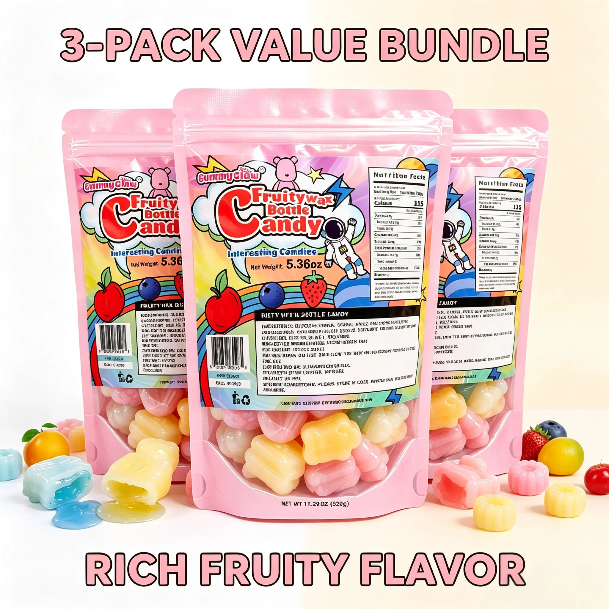 3 Packs!!! GummyGlow 「5.36oz x 3」 Wax Fruit-Filled Candy, Chewable Waxy Candy, Retro Nostalgic Novelty Treats, Classic Variety Flavors for Old School Candy Lovers, ASMR Lovers and Gifts #tiktokshopbacktoschool Jelly bottle frozen,back to school sohochic