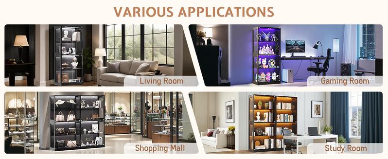 VanAcc Display Cabinet with RGB Lights, 4-Tier Storage Display Case for Collectibles, Adjustable Shelves, MDF and Tempered Glass, Black