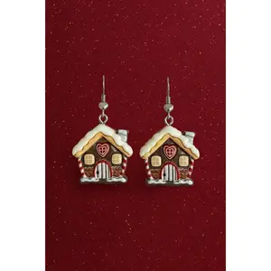 Dangle Gingerbread House Earrings Gold-Tone Metal Women's