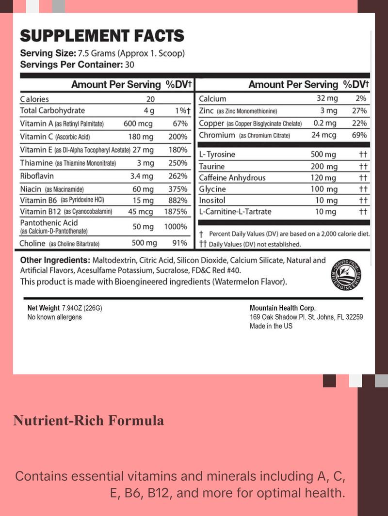 Morning Buzz Energy Powder Drink - Energy Boost Drink Mix - Sugar-Free Energy with Antioxidants - Morning Kickstart and Sports Nutrition Endurance Product - 30 Servings, Watermelon, 8 Ounces