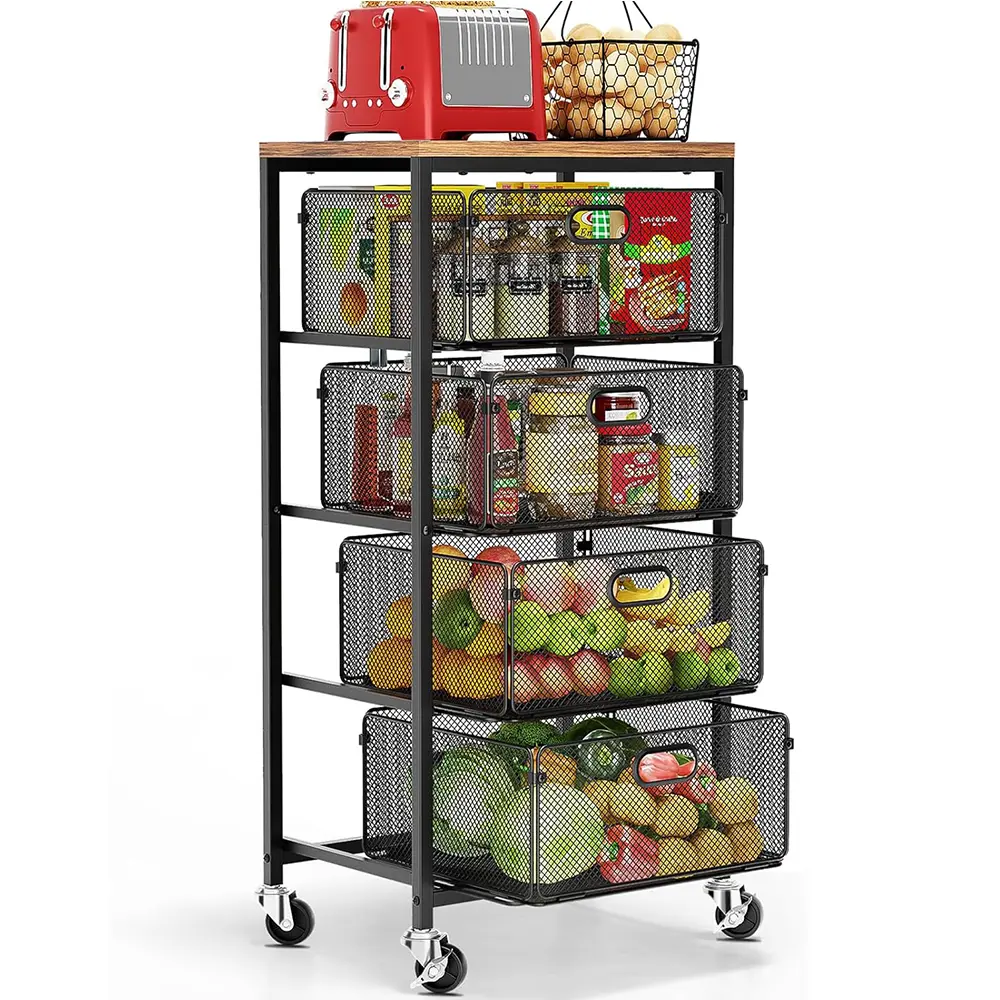 Kitchen Cart with Drawers, 4 Tier Metal Rolling Utility Cart Organizer on Lockable Wheels with Wooden Top, Black Fruit Vegetable Storage Rack Also for Cans, Snack, Craft, Art, Office, Beauty deskmakeover