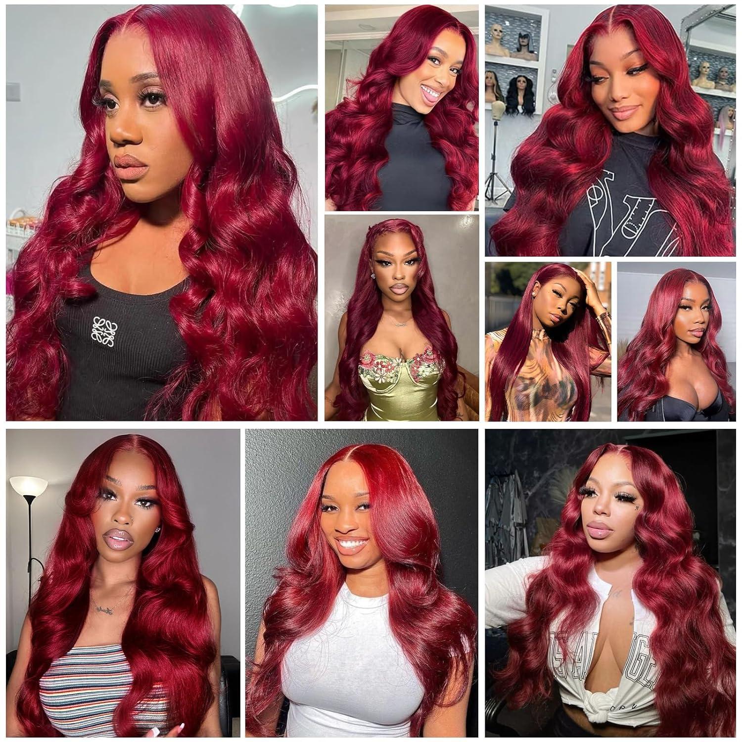Bling Hair Body Wave 9x6 Glueless Wig Burbundy #99j Colored Preplucked Remy Brazilian 7x5 Lace Closure HD Lace No Tangling No Shedding 180 Density Wig