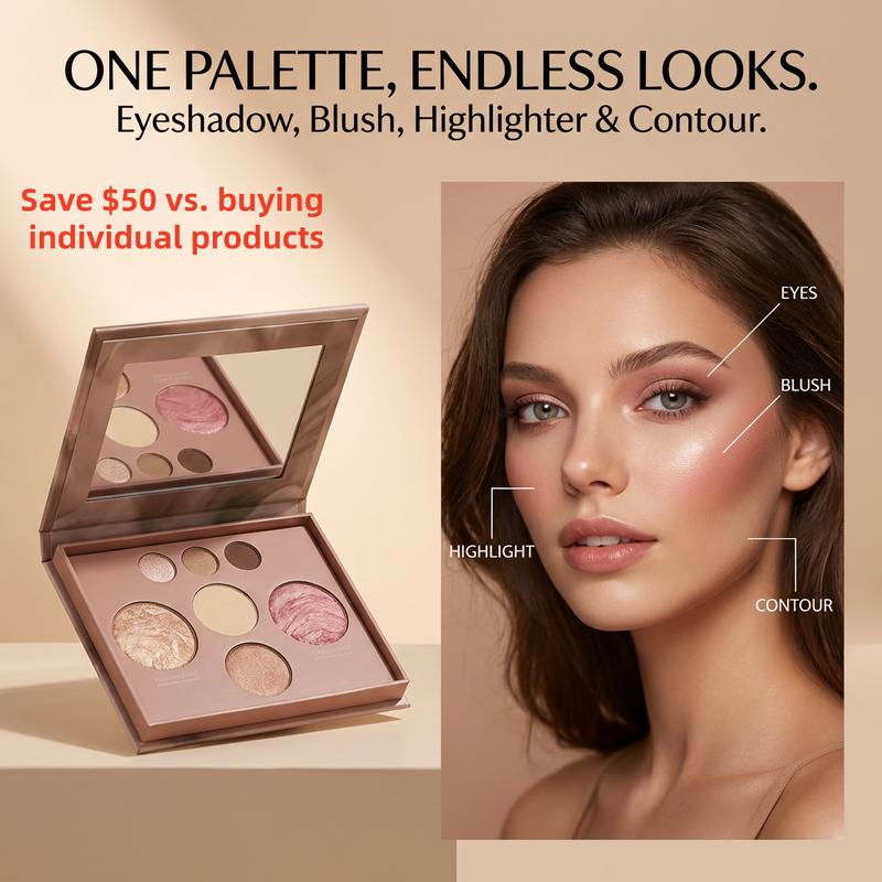 VOTIORS Full Size Baked Multi-Functional Makeup Palette | 4-in-1 Contour, Blush, Highlighter & Eyeshadow Palette | Travel Essential for Effortless On-the-Go Makeup