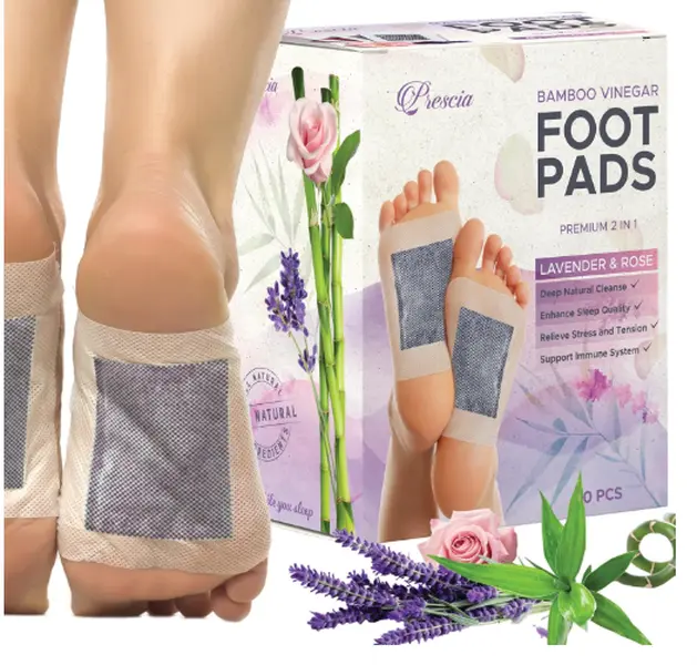 Prescia Foot Pads (20) - All Natural Bamboo Vinegar Detox Foot and Body Care - Lavender n' Rose - Sleep Better and Feel Better