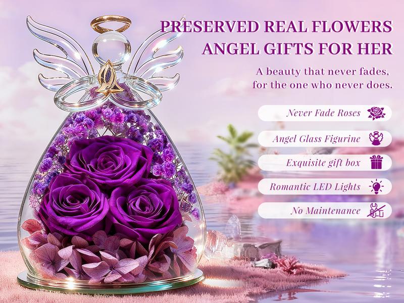 【Real Rose】DEEMEI Preserved Ross in Glass Angel Figurine Eternal Flower Valentine's Day Gift Idea for Her Mom Grandma Wife Women form Daughter