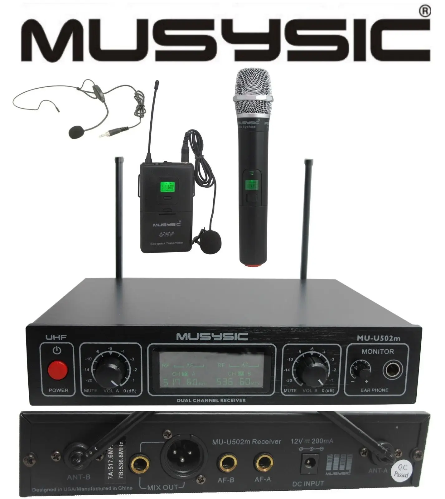 MUSYSIC MU‑U502m‑HL Professional 2‑Channel UHF Wireless Microphone System – Handheld + Bodypack (Lavalier/Headset), Long‑Range, LCD Display