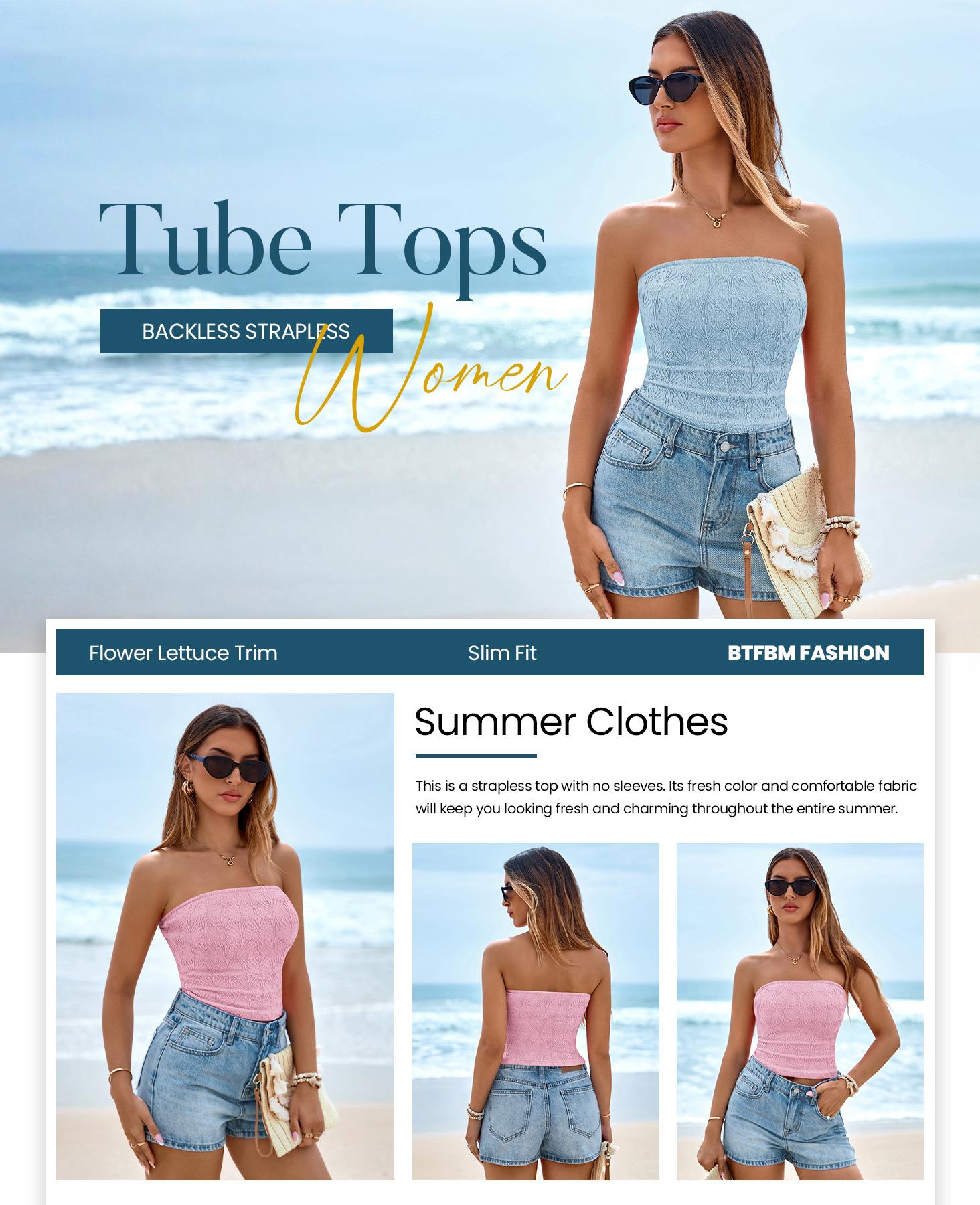 BTFBM Tube Tops for Women Spring Summer 2026 Backless Fitted Floral Embroidery Going Out Bandeau Top Beach Vacation