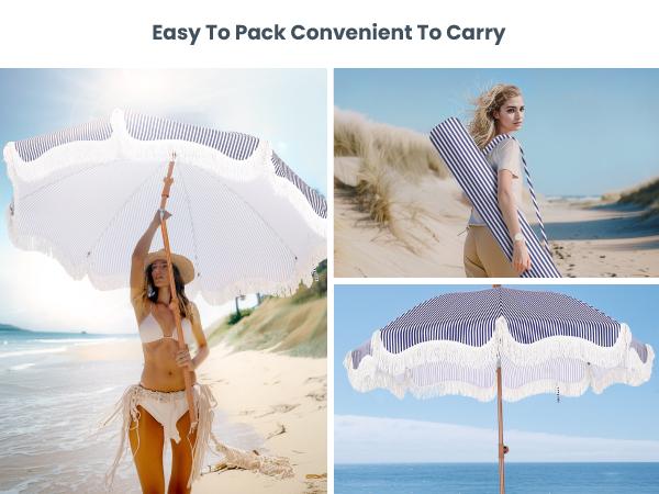 PHI VILLA 7ft Patio Beach Umbrella with Fringe, UPF 50+ Canopy, 8 High Wind Proof Fiberglass Ribs, Fully Assembled, Carry Bag Available Outdoor Aesthetic Round,SpringGlowUp