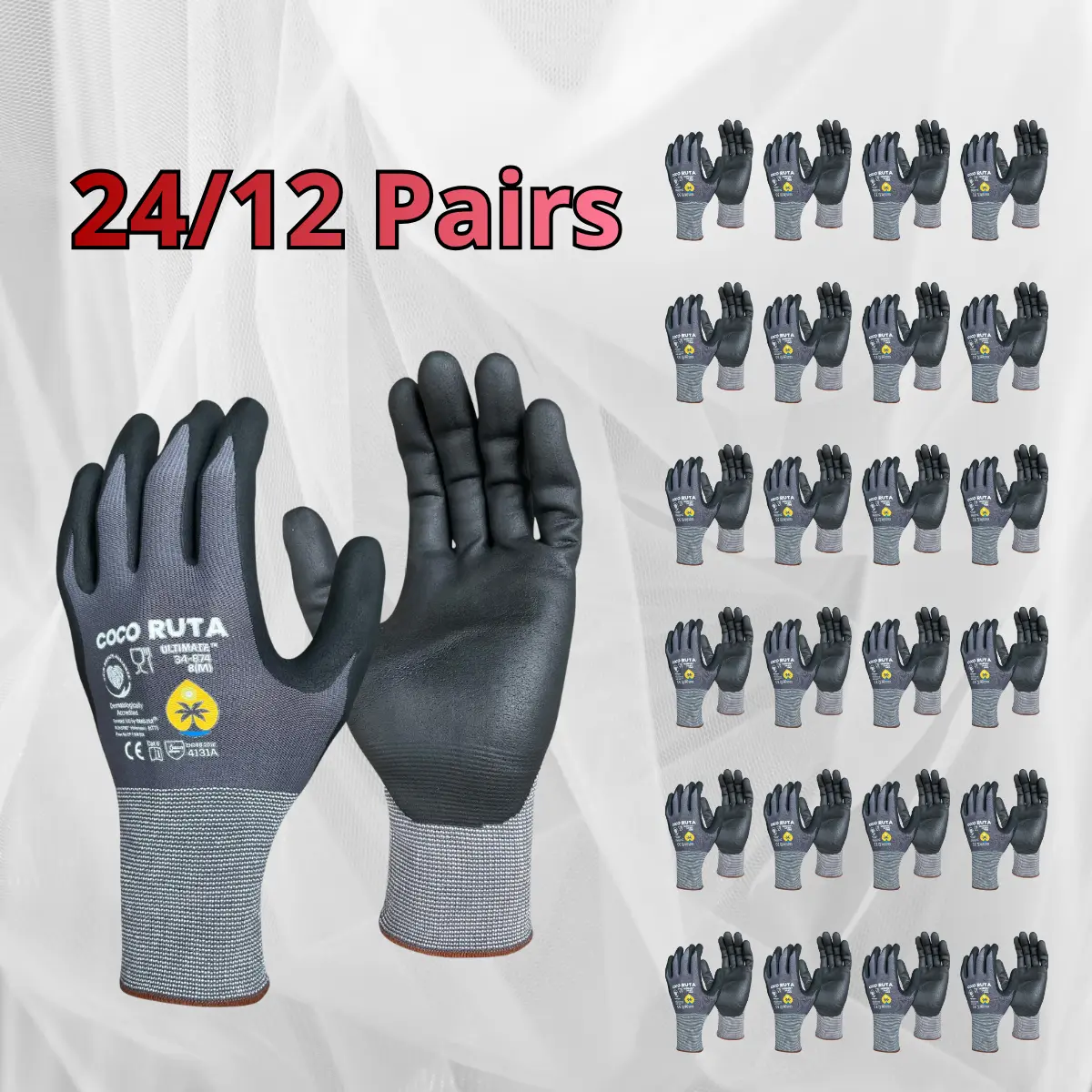 24 Pairs COCO RUTA Gloves 34-874 Safety Gloves | Guantes Para Trabajo - COCO Gloves For Men Nitrile Micro Foam Grip Palm Comfortable Fit Construction Gear