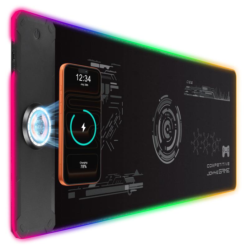 Large Gaming Mouse Pad with Magnetic Wireless Charger 15W Fast Charging, RGB Light LED Mousepad Desk Mat, Smooth Surface, Anti-Slip Rubber Base, Keyboard Pad for Gaming, MacBook, PC, Laptop - Black