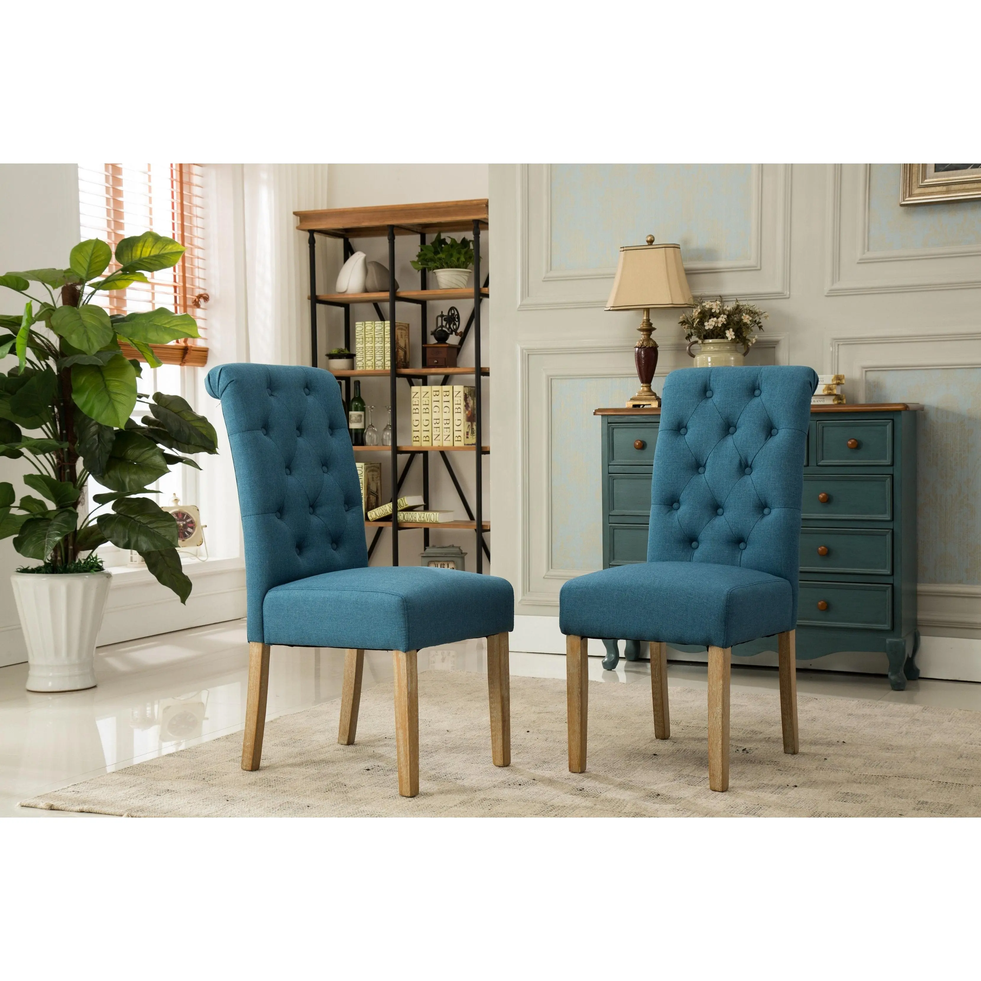 Habit Blue Solid Wood Tufted Parsons Dining Chair ,Set of 2