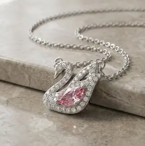 Elegant Swan Jewelry Set – Pink Crystal Necklace and Bracelet, Silver Alloy