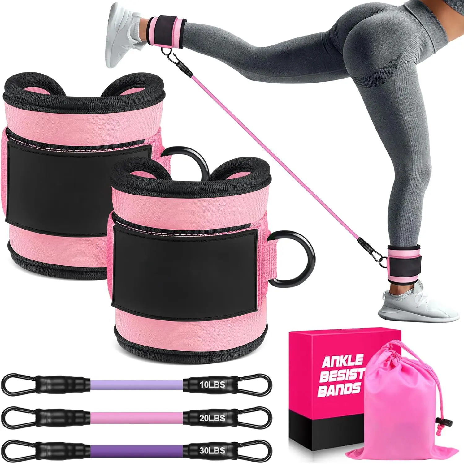 Adjustable Ankle Straps with Latex Resistance Tubes - 3 Levels (10-60 lbs) Compact Exercise Device Weight Bands for Leg Exercise, Glutes Maxing Workout, Workout from Home, Business Trip Users - Weight Training Fitness Gear