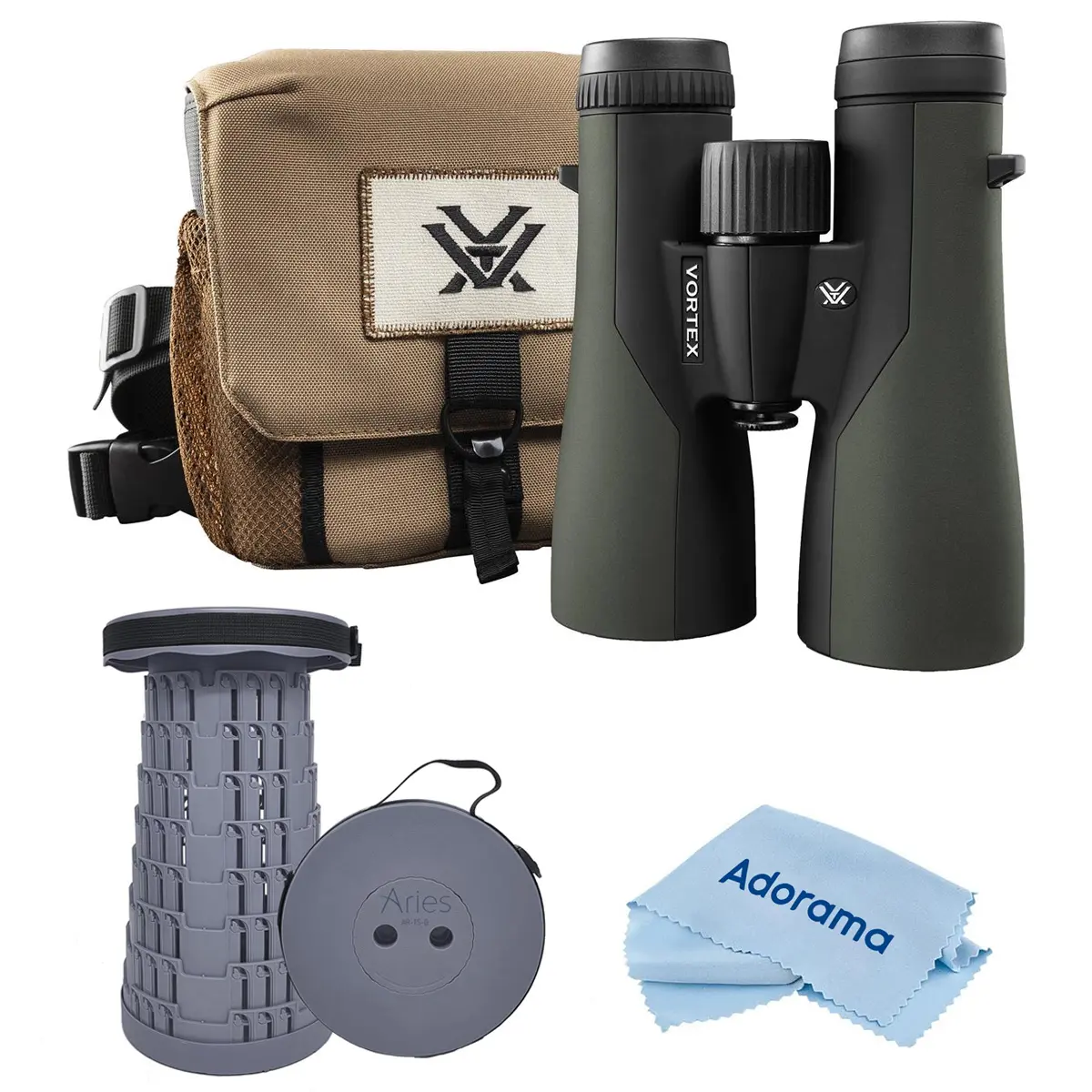 Vortex Optics Crossfire HD 12x50 Roof Prism Binocular with Rubber Armor, HD Optics, Waterproof Design for Hiking/Camping Outdoor Sports - Bundle with Telescoping Adjustable Stool and Cleaning Cloth