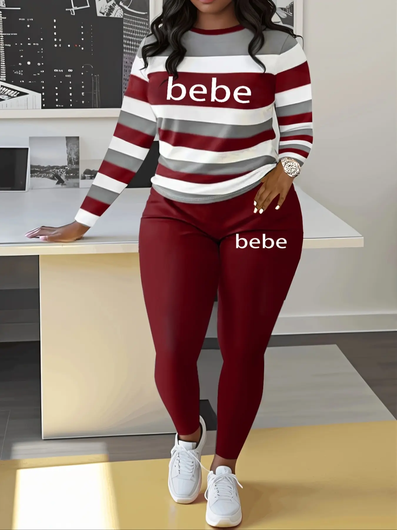 Women's Striped 'Bebe' Letter Print Round Neck Long Sleeve Top and Pants Set, Comfortable Casual Two-Piece Striped Loungewear Set, Casual Fashion Set for Autumn and Winter