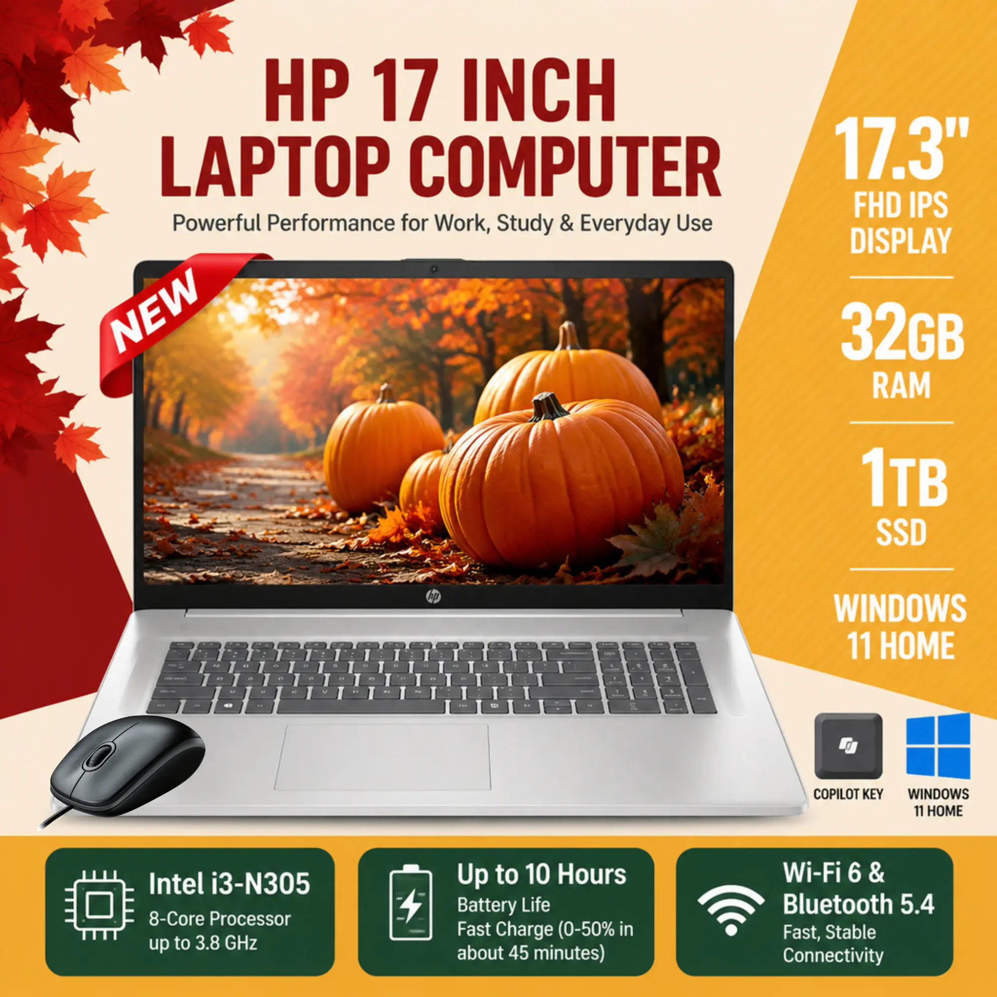 HP 17.3" FHD IPS Laptop, 8‑Core Intel i3‑N305, Up to 32GB RAM 1TB SSD, Windows 11 Home, Fast Charge, WiFi 6 Bluetooth 5.4 HD Webcam, Bundle Accessories Included, for Student & Business
