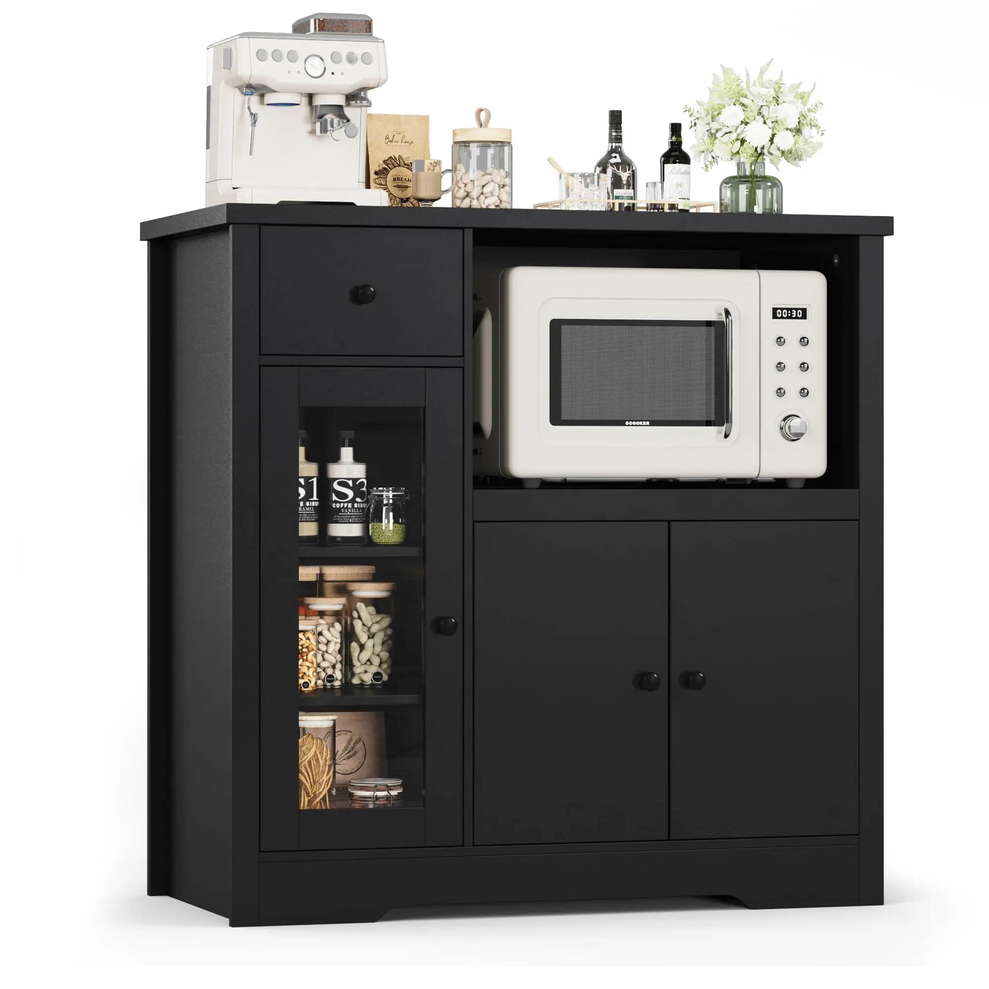 GARVEE Modern Rectangular Kitchen Microwave Cabinet with Sturdy Base - 3-Door Sideboard, 1 Drawer, Flat Back and Adjustable Shelves for Pantry Storage, Black