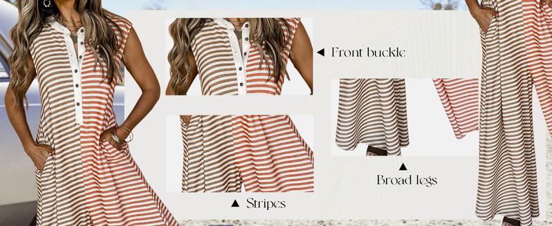 CHARTOU Loose Striped Wide Leg Jumpsuit for Women Summer Romper Flowy Pants Comfy Sleeveless Button Baggy Overalls Casual Clothes CHARTOU Loose Striped Wide Leg Jumpsuit for Women Summer Romper Flowy Pants Comfy Sleeveless Button Baggy Overalls Casual Clothes