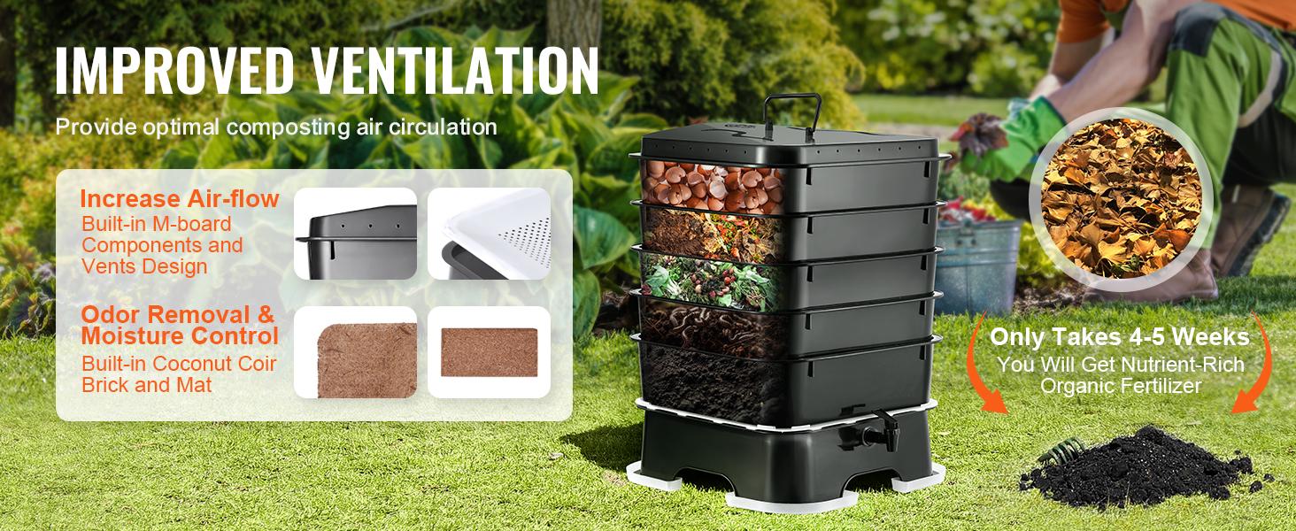 VEVOR 5-Tray Worm Composter, TikTokShopBlackFriday, 50 L Worm Compost Bin Outdoor and Indoor, Sustainable Design Worm Farm Kit, for Recycling Food Waste, Worm Castings, Worm Tea, Vermiculture and Vermicomposting