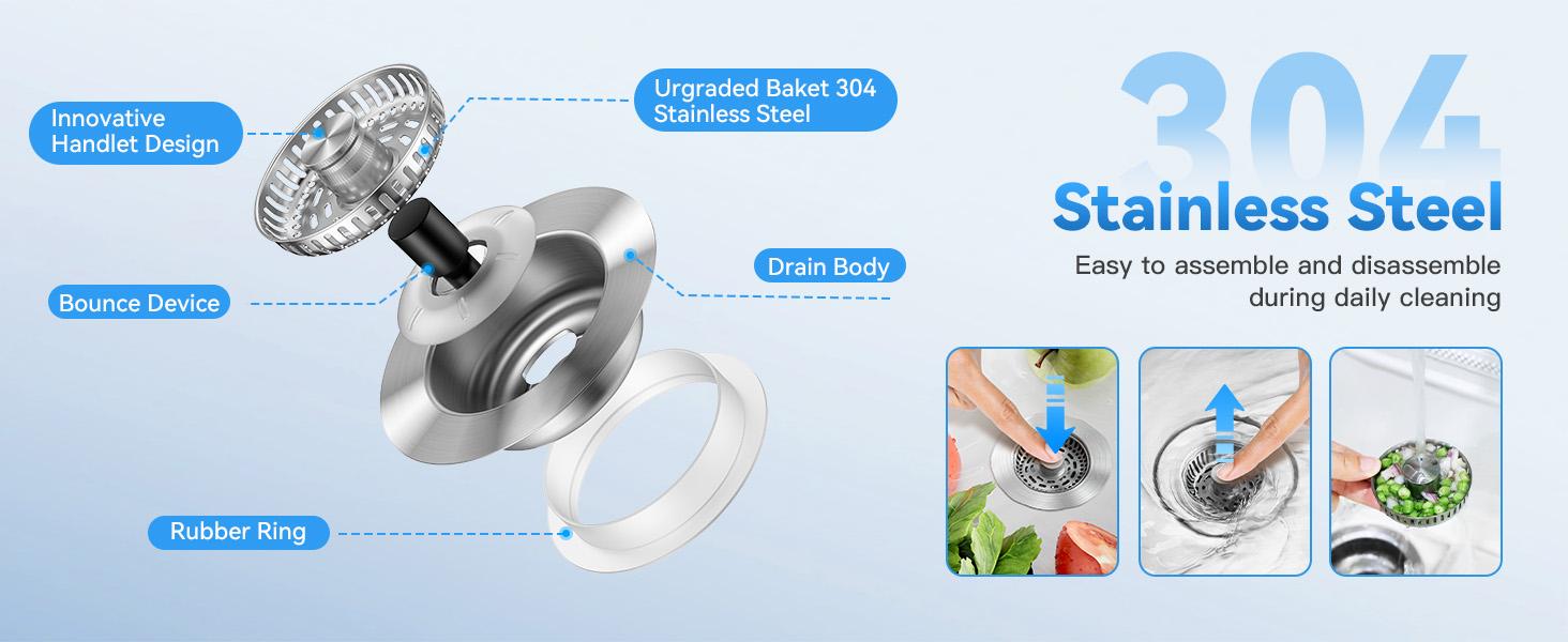 JOMST 3-in-1 Kitchen Sink Drain Strainer, Stainless Steel Sink Plug, Deodorizing Anti-Clog Basket Strainer for US Standard 3-1/2 Inch Drains