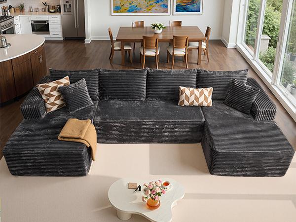 【3 Packages Shipping】HOOOWOOO 135 Inch Cloud Sectional Couches for Living Room, U Shaped Modular Sectional Sofa No Assembly, Plush Corduroy Large Floor Couch Set with Deep Seat(Gray)