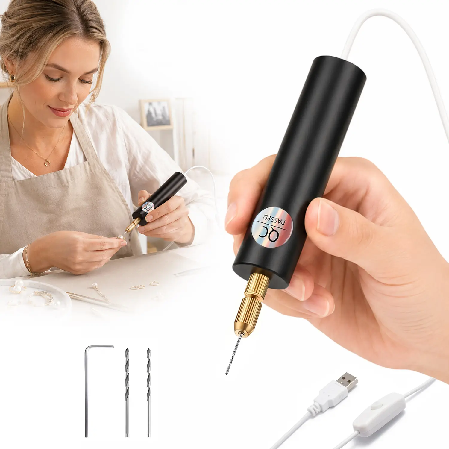 Micro Handheld Electric Drill Set, USB Powered Mini Drill with 3 Drill Bits (1.0mm & 1.2mm), 0.7-1.2mm Chuck Range, Resin Jewelry Making Tool for DIY Crafts, Keychain, ABS & Acrylic Projects