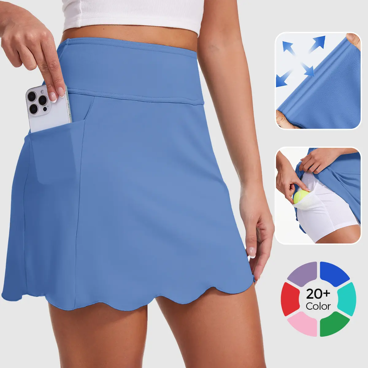 MOTEEPI Skorts for Woman with Pockets 16" Golf Athletic Skirts Scalloped Hem Tennis Skirt Dressy Casual skort  for petite women skort for plus size women with pockets skort for tall women knee length womens skort for moms casual slim fit skort women