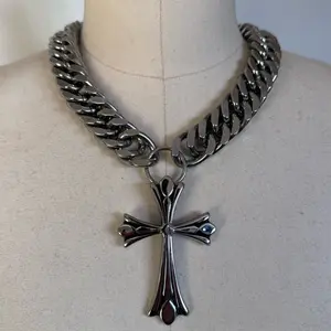 Stained steel oversized grunge cross chunky cuban chain necklace