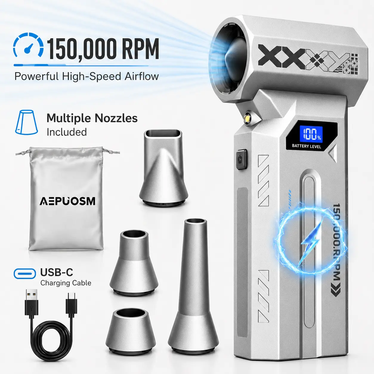 AEPUOSEM Z3 Compressed Air Duster – High-Performance Electric Duster with Brushless Motor (Peak 150,000 RPM), LED Display, 4 Adjustable Speed ​​Settings, and LED Light; Cordless Turbo Fan for Computers, Keyboards, Cars, Home, and Outdoor Use