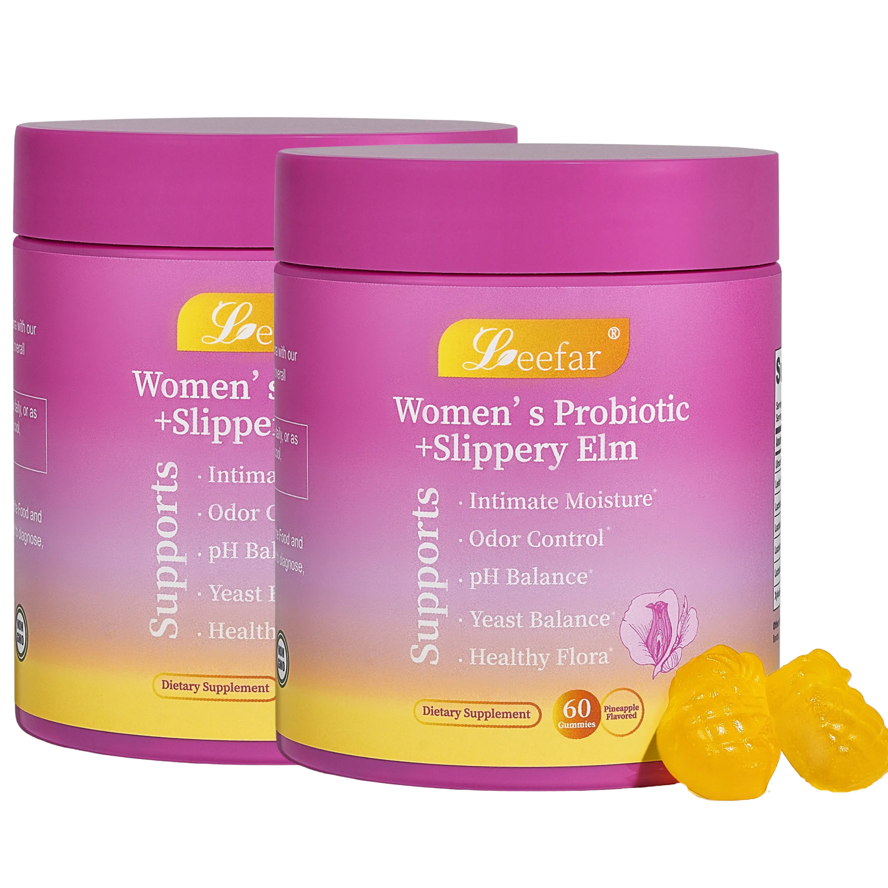【2 Bottles】LEEFAR Her Juicy  Feminine Probiotics Gummies- All in One Solution with Slippery Elm and Prebiotics&Lactobacillus Probiotic Blend for Women’s pH Balance and Dryness - Hawaiian Pineapple Gummies 60 Count probiotics women