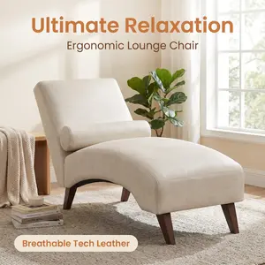 Mid-Century Curved Chaise Lounge – Premium Tech Fabric & Bolster Pillow, Supports 400 lbs, Ideal for Reading Nook & Bedroom