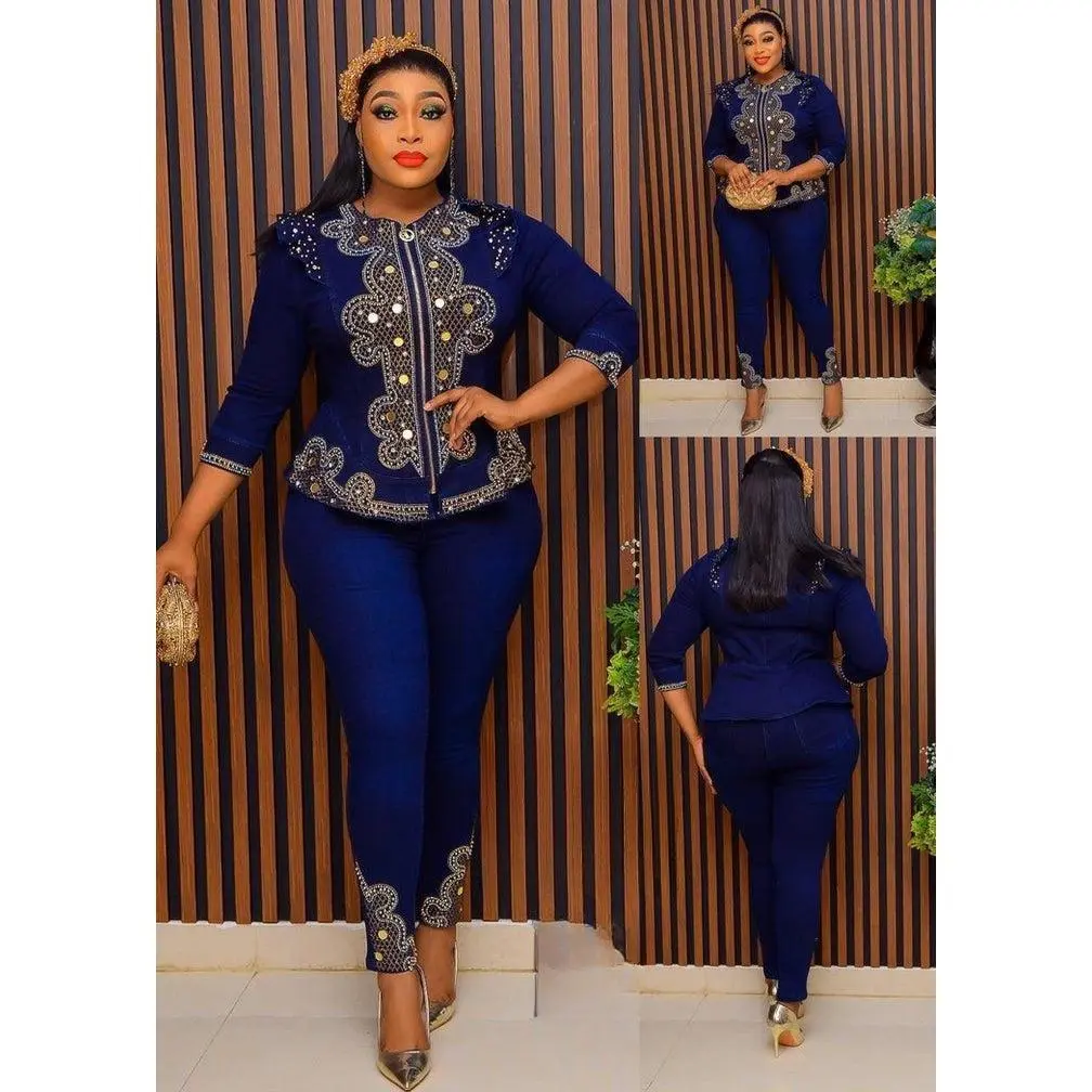 Indigo Denim and Diamonds 2-Piece Birthday Outfit Set | Stretch Curvy Weekend Jeans Plus Size Womenswear Pockets