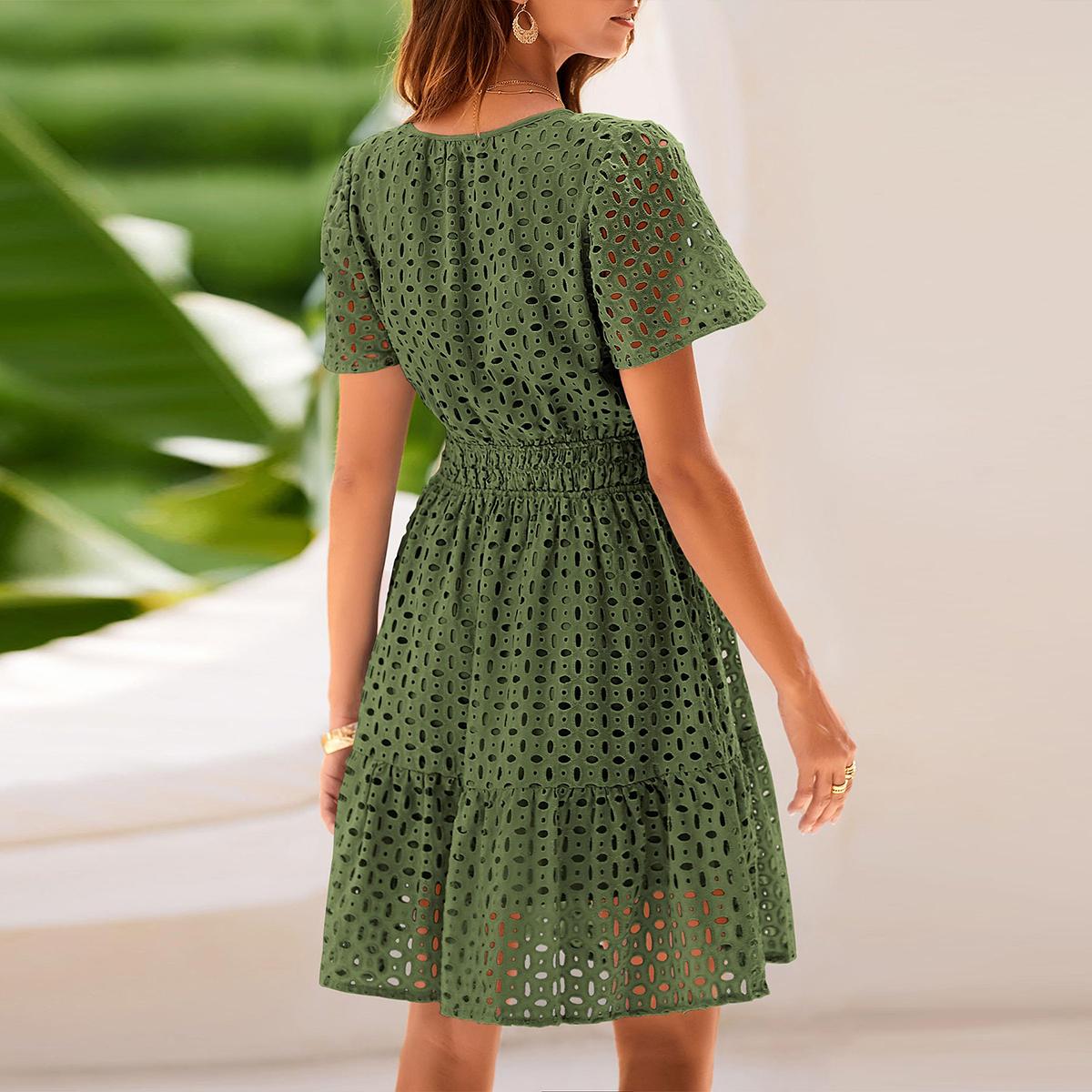 PrettyGarden Women Summer Short Dress V Neck Short Sleeve A Line Hollow Out Lace Ruffle Cute Casual Beach Party Formal Dresses,-Chic Womenswear Army Green Basic
