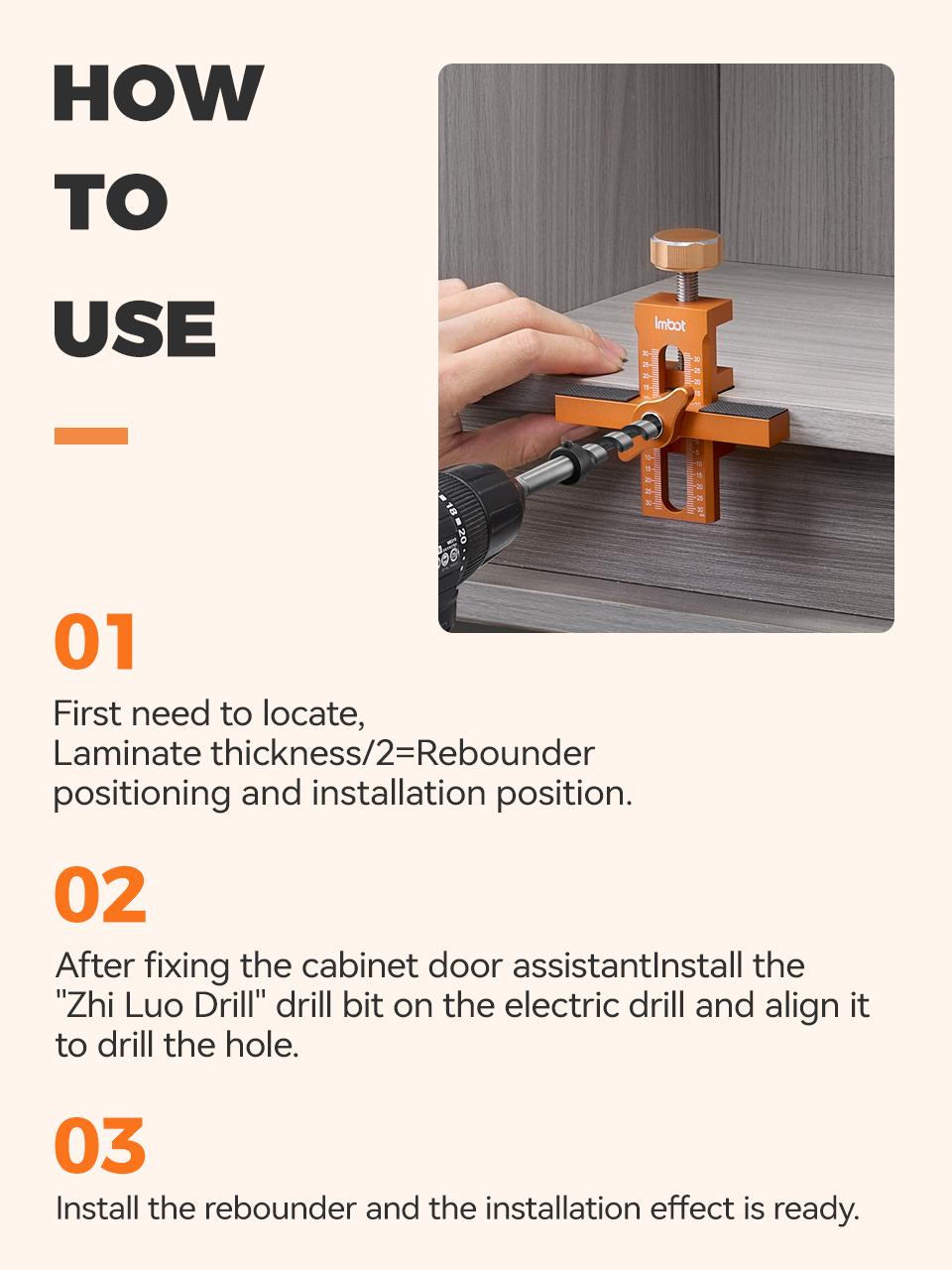 IMBOT 3-in-1 Cabinet Door Assistant & Zhi Luo Drill Tool Set Aluminum Alloy Material with Orange Body and Measurement Scale for Easy Installation of Cabinet Doors
