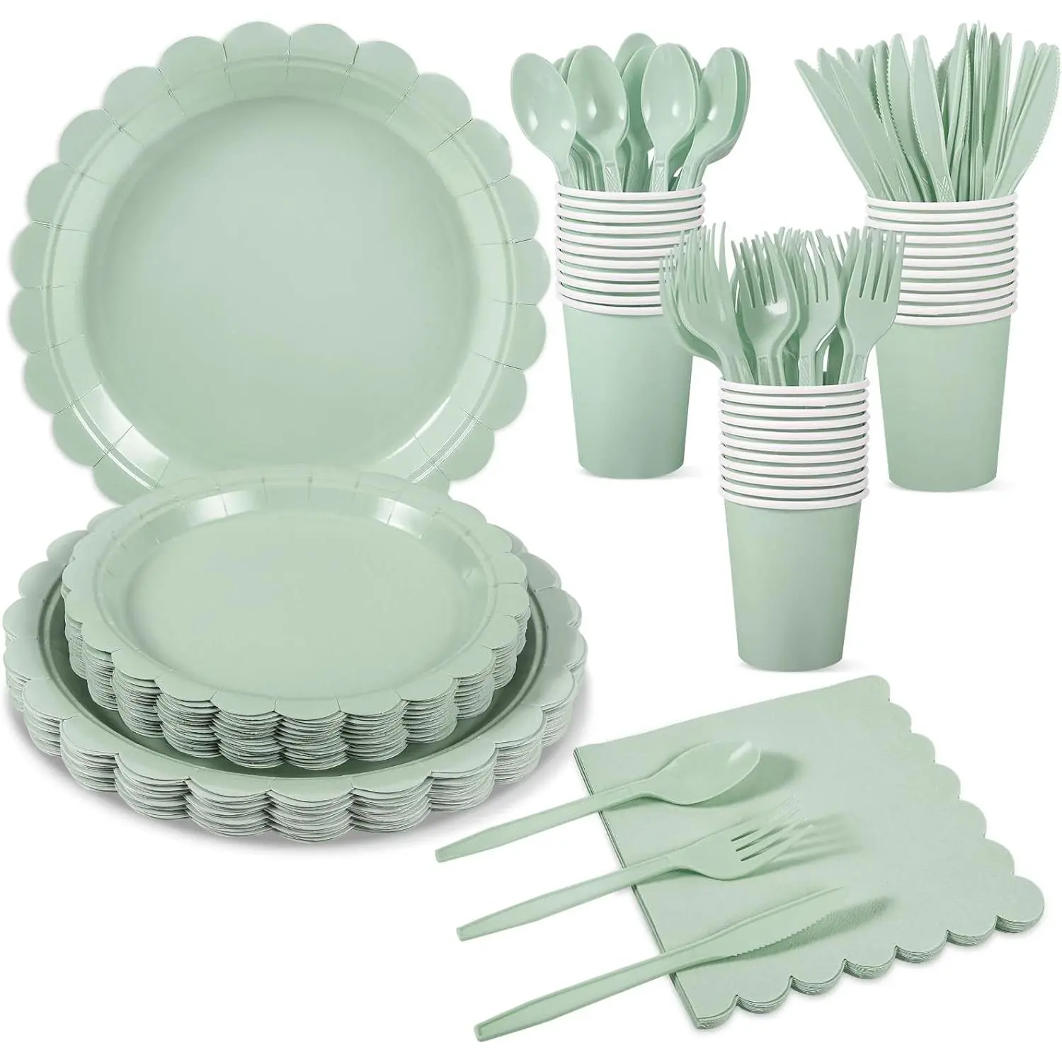 175 Pcs Party Plates and Cups and Napkins Sets, 9" Paper Plates, 7" Dessert Plate, 9oz Cups & Cutlery, 25 Guest Scalloped Sage Green Party Supplies for Wedding, Disposable tableware set